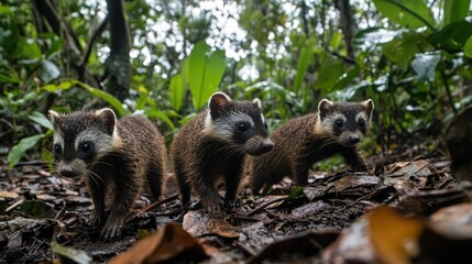 Obraz premium A group of coatis (small mammals) exploring the forest floor at Iguazu National Park.