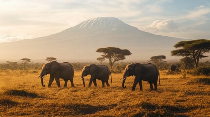 Fototapeta premium A group of elephants walking across the savanna in Serengeti National Park, with Mount Kilimanjaro in the background.
