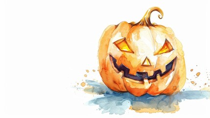 A whimsical watercolor illustration of a glowing jack-o'-lantern with a mischievous grin. The pumpkin symbolizes autumn, Halloween, festivity, spooky fun, and the spirit of the season.