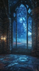 Gothic Stone Window Overlooking Starry Night Sky
