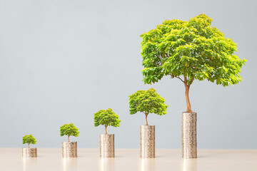 Stacking gold coin and tree with growing interest put on the wood on gray background in the office,...