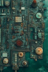 Aerial view of an industrial facility with large tanks and pipes.