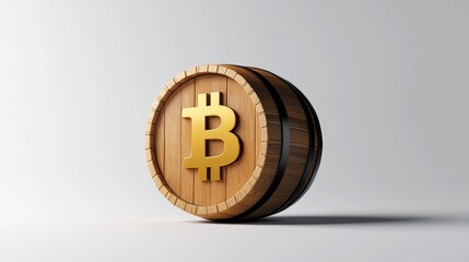 A wooden barrel with a golden Bitcoin symbol on its surface, symbolizing the value, security, and potential of cryptocurrency.