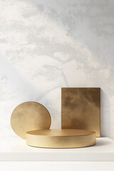 Golden empty circular and rectangular and circle in  backdrop on white surface against light textured wall. Product display background with copy space
