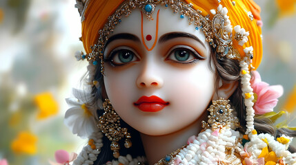 A serene depiction of a divine figure adorned with jewelry and flowers.