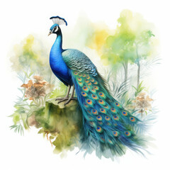 Obraz premium Peacock Watercolor: A majestic peacock with vibrant blue and green plumage stands proudly on a rock, surrounded by delicate watercolor foliage. The intricate details and soft colors create a sense of 