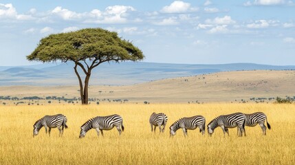 Obraz premium A group of zebras grazing on the plains of Serengeti National Park, with the vast savanna stretching out in the background.