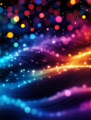 Obraz premium An abstract digital artwork featuring a dynamic wavy pattern with colorful dots and bokeh lights, symbolizing energy, movement, technology, celebration, and joy.