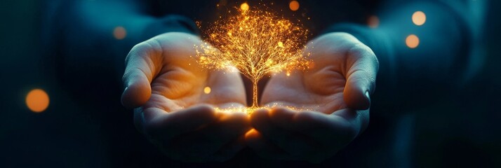 Hands gently cradle a glowing digital tree, symbolizing growth, innovation, technology, knowledge, and potential.
