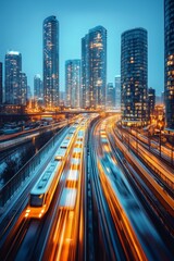Fototapeta premium Illuminated skyline with moving trains against a backdrop of tall buildings at dusk.