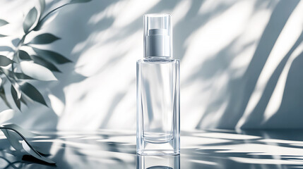 The transparent cosmetic bottle with a modern label design, placed on a reflective surface with sharp angles and soft light beams, emphasizing sleekness and sophistication