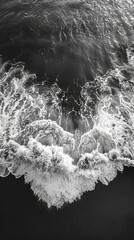 In a monochrome aerial view, a powerful ocean wave is visible.