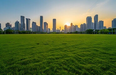 Fototapeta premium City sunrise and meadow