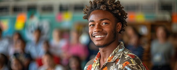 A student presenting a project confidently to their peers, feeling accomplished and proud.