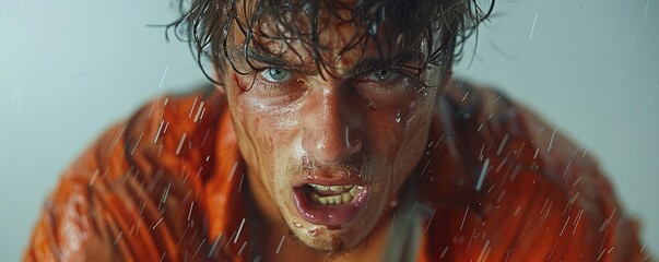 A man screaming in anger, fists clenched and face flushed with emotion, against a plain white background. 4K hyperrealistic photo.