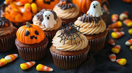Chocolate cupcakes decorated with fondant pumpkins, ghosts, and spiderwebs, surrounded by Halloween candies and pumpkin decor, creating a spooky festive display