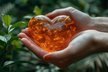 Hands gently holding a glowing amber heart, symbolizing love, care, and emotional warmth, highlighting the fragility and beauty of human connection in a natural setting