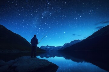 Obraz premium Night fishing under the stars, astro photography style, with copy space