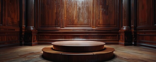 Polished wooden podium with a minimalist design, spotlighted in a classic setting.