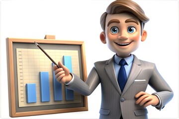 Business presentation with 3D cartoon character in suit pointing at graph