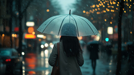 A girl walks down the street with an umbrella in rainy weather. Bokeh effect. AI generative