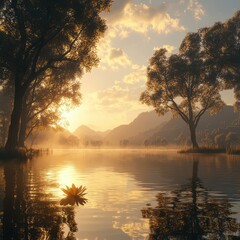 Serene sunrise over a misty lake, soft golden hues reflecting on calm waters