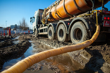 Sewage cleanup, pipe laying and installation into the ground by a truck with a tank on a construction site