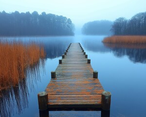 Naklejka premium Serene Wooden Pier Overlooking Tranquil Lake at Dusk, Soft Ripples Reflecting Light