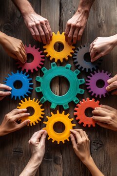 Diverse hands collaborating to assemble colorful gears on a wooden table.