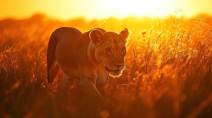 A lioness stalking prey in the tall grass of the Serengeti, with the sun setting behind her.