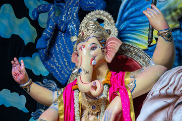 A Closeup shot Ganpati Installed in a Pandal during the 10 Day Ganesh Festival, the idols are...