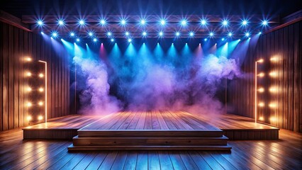 Neon-lit wooden stage with smoke machine creating a dramatic atmosphere