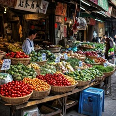 Obraz premium A local Xi'an market with vibrant displays of fresh produce and traditional foods, bustling with activity