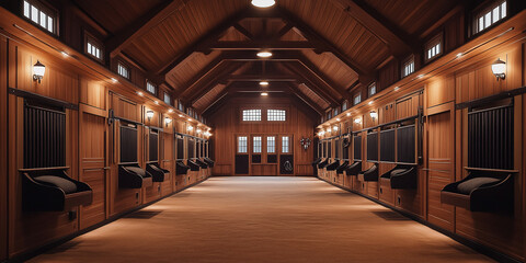 A luxurious and spacious interior of a high-class stable created for a noble racehorse.