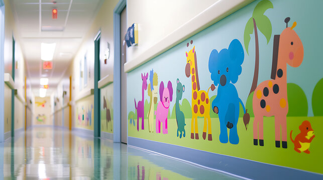 An obstetrics hallway lined with colorful wall decals of baby animals, captured with a Lomo LC-A style for a vibrant, retro look.