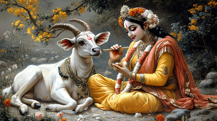 A serene depiction of a woman interacting with a sacred cow in a lush, vibrant setting.