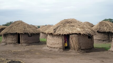 A Maasai village in Kenya, with traditional huts made from mud and thatch.