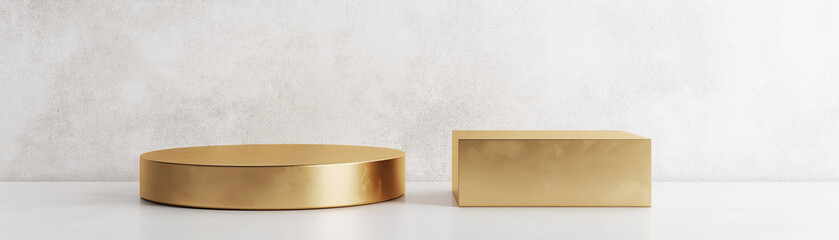 Golden empty circular and square podiums on white platform against light textured wall. Product display background with copy space.