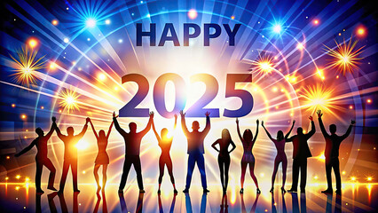 Silhouettes of dancing people with raised hands against the background of the inscription happy 2025 and bright light rays and fireworks. AI, Generation, Illustration.