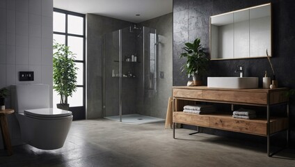 Modern bathroom with ceramic toilet and wooden furnishings, featuring minimalist decor.