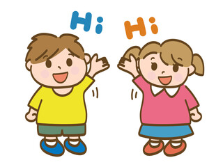 元気に手を上げて返事をする男の子と女の子の全身イラスト（小学生低学年、幼児）