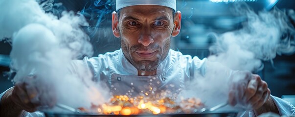 A chef experimenting with fusion cuisine, face adventurous and eager to create innovative dishes.