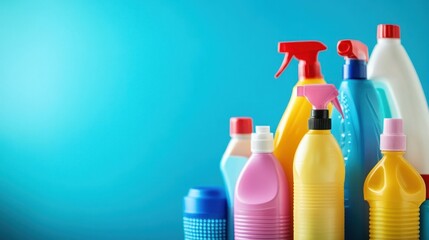 Cleaning and cleaning products for house cleaning on a blue background, space for text, cleaning and cleanliness concept