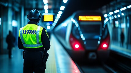 A vigilant officer stands guard at a subway station, ensuring safety as a train arrives in the dimly lit environment.