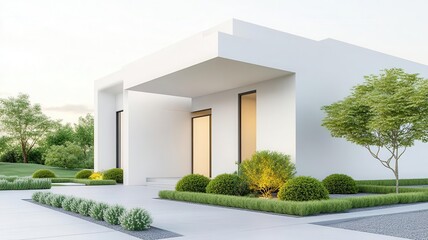 Contemporary home exterior with minimalist design and landscaped garden, ideal for modern real estate promotions