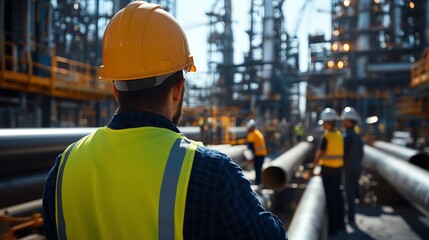 A worker in a hard hat supervises construction at an industrial site, showcasing teamwork and safety in the engineering environment.