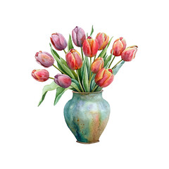 tulips on vase vector illustration in watercolor style