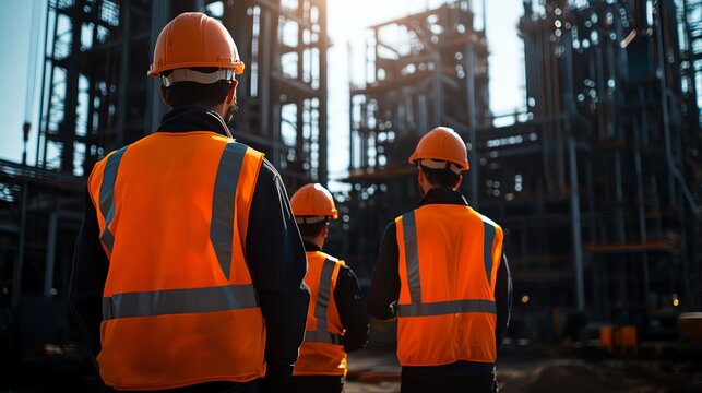 Construction workers in safety gear observe a building site during sunset, ensuring safety and efficiency in their tasks.
