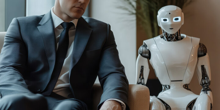 A man in an office suit sits on a chair next to a robot waiting for an interview. Ai replaces people, digitalization concept