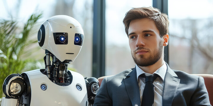 A man in an office suit sits on a chair next to a robot waiting for an interview. Ai replaces people, digitalization concept